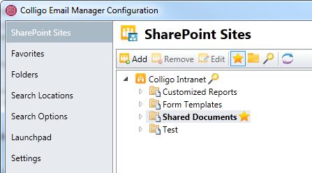 2. In the SharePoint Sites list, select the site and the folder within the site that you want to add to your Favorites and click the Add Favorite icon:.