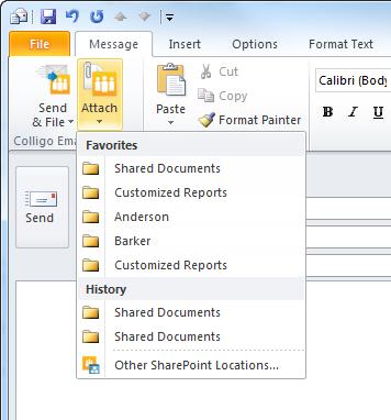 Managing Attachments in Emails When you are sending an email, you have the option of inserting a link to a document location in SharePoint, or inserting a