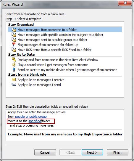 The Rules and Alerts dialog displays: 3. Browse to your preferred SharePoint folder in the Colligo Email Manager group. 4. Click OK. 5.