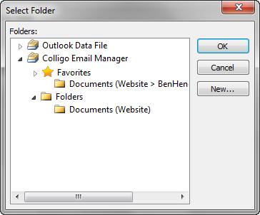 The Select Folder dialog displays: 5. Choose a folder from the Colligo Email Manager group and click OK. 6. Click Finish.
