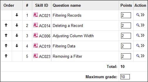 Click on the Add to exam icon (the two left pointing angle brackets) to transfer questions from the available questions to the exam.
