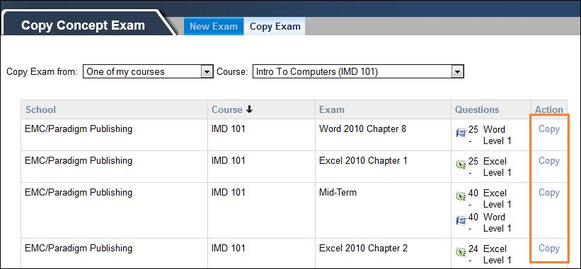 Note: If you are trying to copy an exam from the course you are currently in, the course will say "current" next to the name. A table will generate will the available exams to copy.