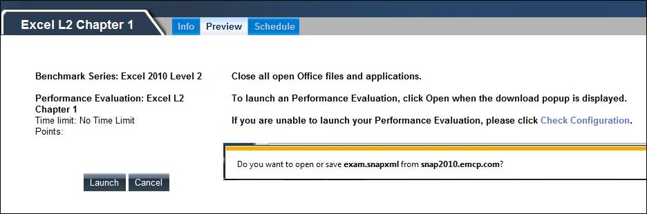 Note: If an instance of the Microsoft Office application used in the exam is already open, a message box will appear to ask you to close the application before the exam can begin.