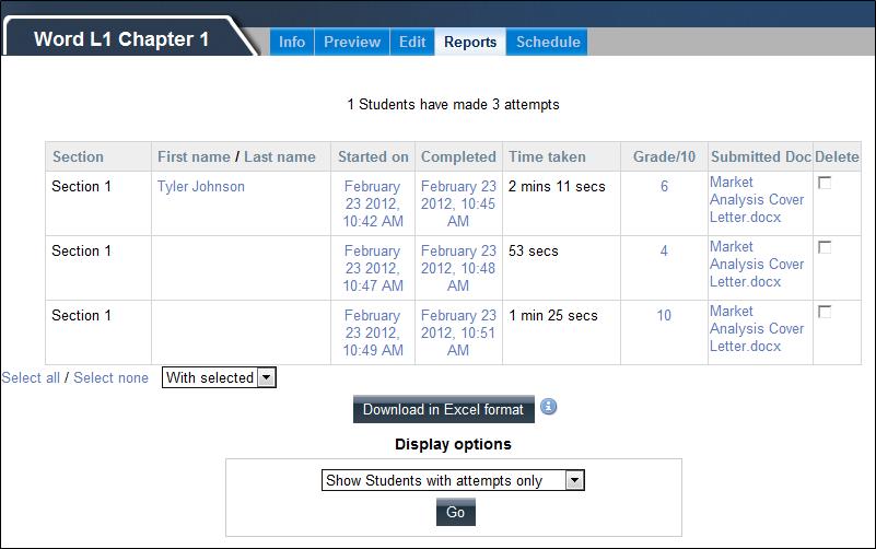 The Reports tab for the Performance Evaluation is displayed. Note: Lines in the table with blank name fields mean subsequent attempts for the student directly above it.