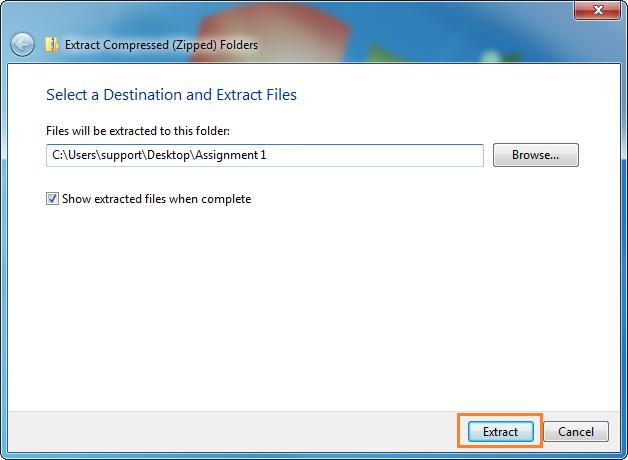 .. The Extract Compressed (Zipped) Folders dialog box will pop up. If you are satisfied with the default location, click Extract.