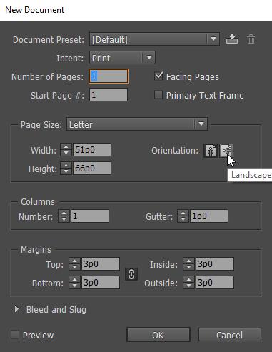 Begin with the standard page size, which will set the width and height values automatically, and then toggle between Portrait and