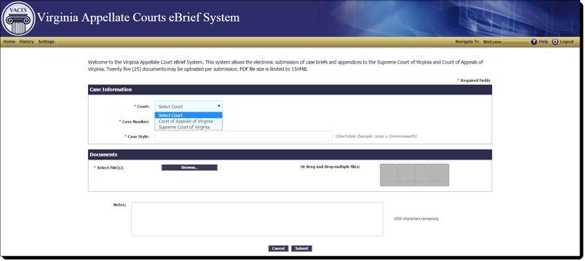 SYSTEM NAVIGATION PAGE 3-2 II. NEW BRIEF SUBMISSIONS The Submission screen displays as the Home page for registered Filers whether their designated role is Filer Only, or Administrator/Filer.