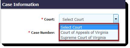 SYSTEM NAVIGATION PAGE 3-3 Step 4 (cont d) Comment: Users can choose one of the following: Court of Appeals of Virginia; or Supreme Court of Virginia NOTE: Depending on the Court choice, an