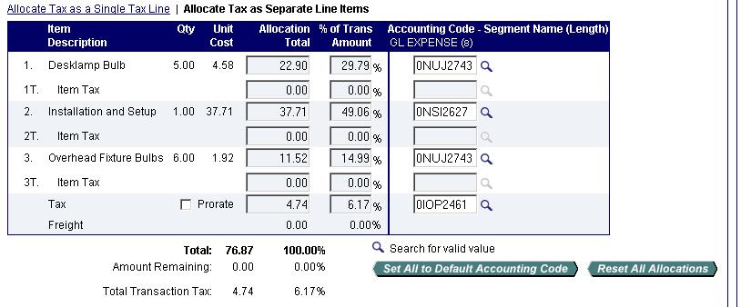 Click the Allocate Tax as Separate Line Items link. Fields display that enable you to specify new accounting code for each portion of the tax.