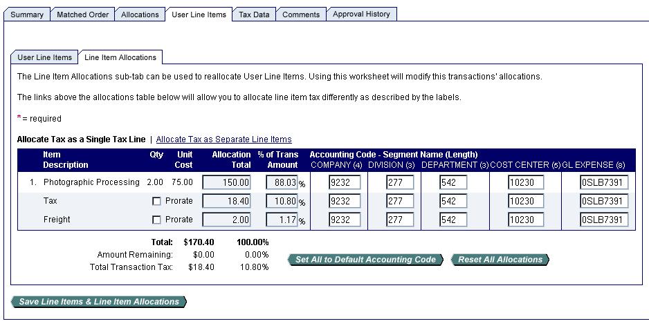 Line Item Allocations Sub-Tab Field Descriptions Table Field Description Item Description Qty Unit Cost Amount The description of the item The quantity of the line item The cost per unit for the line