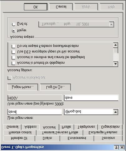 Chapte r 1 Windows 2000 Kerberos Settings Figure 2 Property Tabs Click on the Account tab.