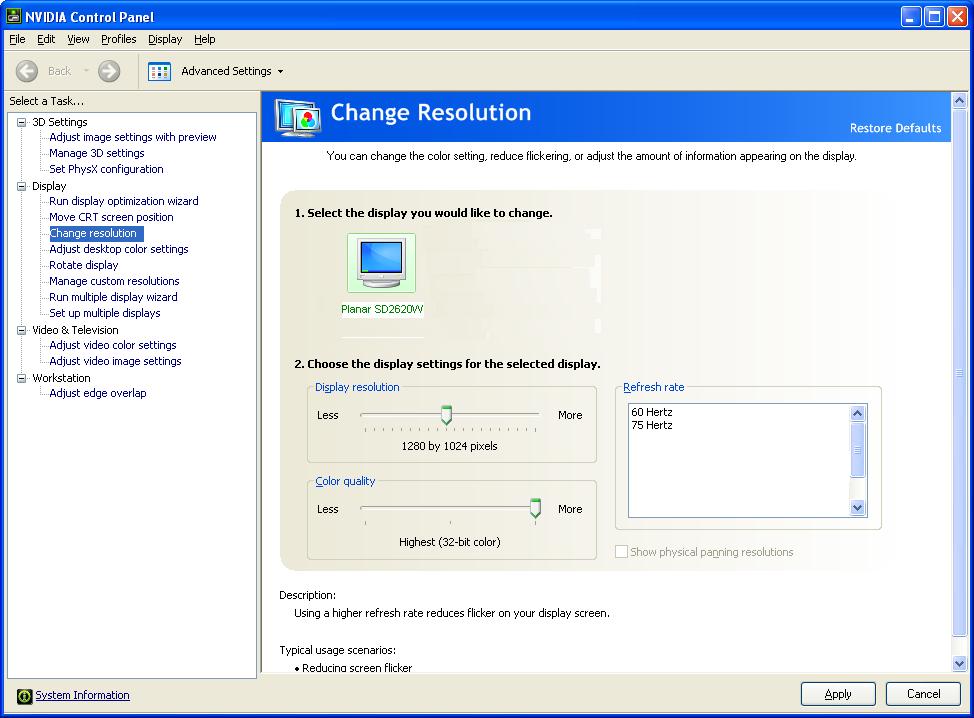 Select Change resolution: Set the desired Display resolution and Refresh rate, and click