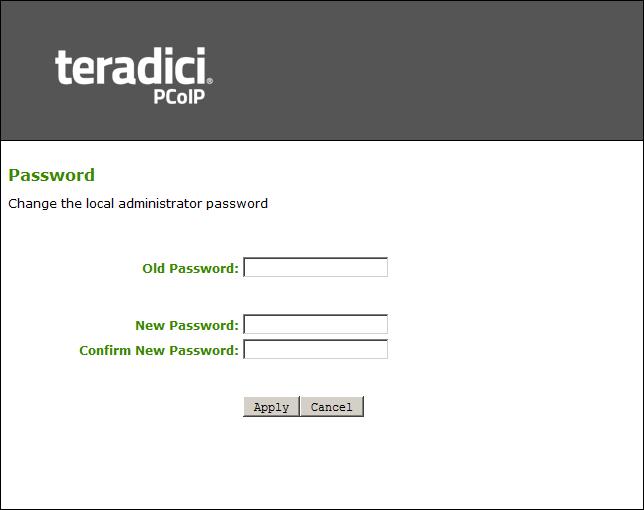 AWI Password page The password can be a maximum of 20 characters. Some PCoIP devices have password protection disabled by default, and the Password page is not available on these devices.