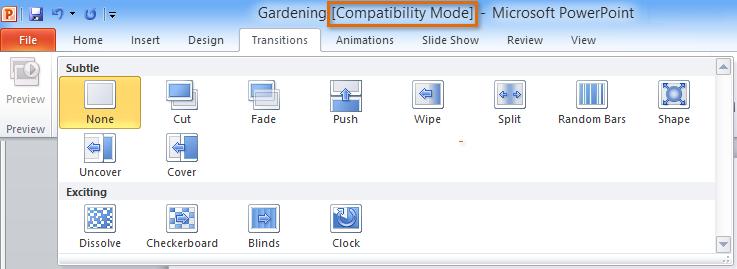 Compatibility mode disables certain features, so you'll only be able to access commands found in the program that was used to create the presentation.