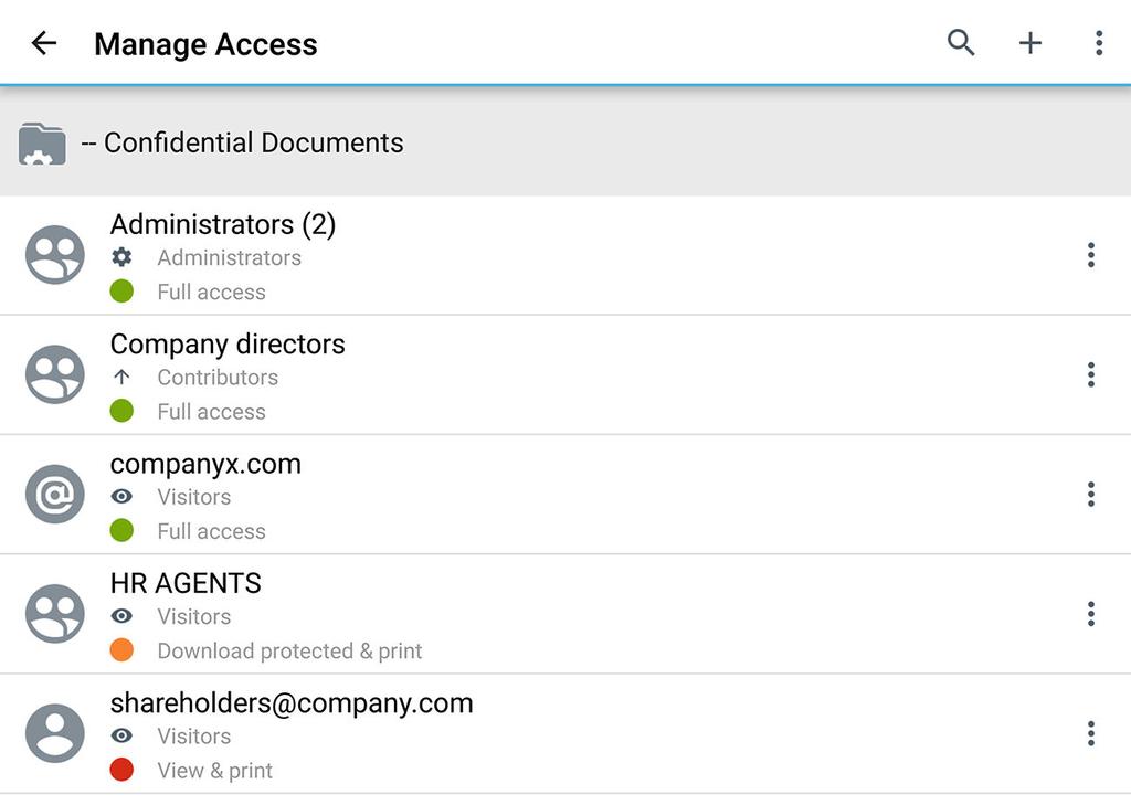 Manage access Manage access 9 Tap > Manage Access to view individuals and groups that have access to the selected file, folder, or workspace.