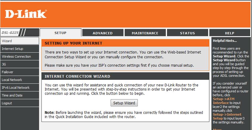 ENGLISH 3. Click on 'Setup Wizard' to start configuring your Router. 4. Click through until you reach 'Setup Internet Connection' (Step 3).