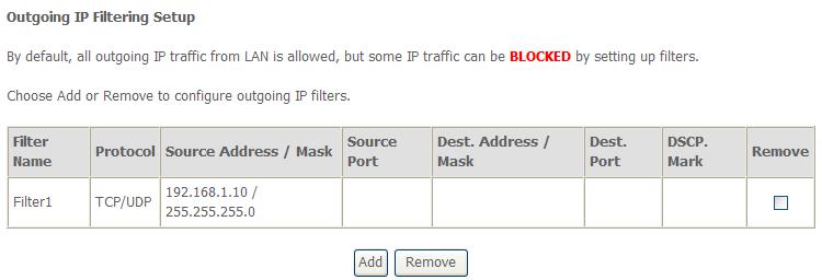 Step 2 Click Save/Apply and the following page appears: 3.4.4.2 Incoming IP Filtering Setup The incoming IP filter is used to block and permit IP packet transmisstion from internet.