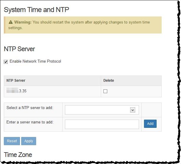 Configuring a System 2. Scroll down to the Time Zone section of the page to configure the appliance system time. 3.