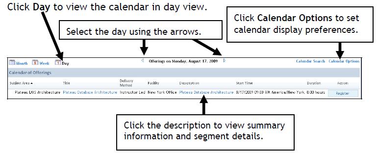 Weekly View Figure 44. Calendar of Offerings: Weekly View Go to month or day mode by clicking the or icon.