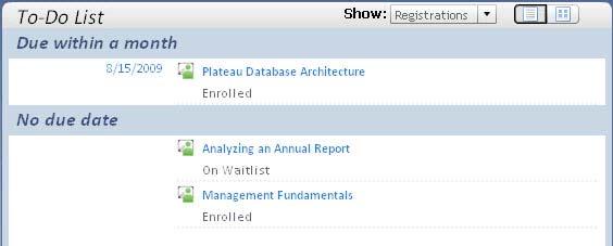 Registrations To view your current registrations, select Registrations from the Show drop-down menu to filter the items listed on your To-Do List. Figure 58.