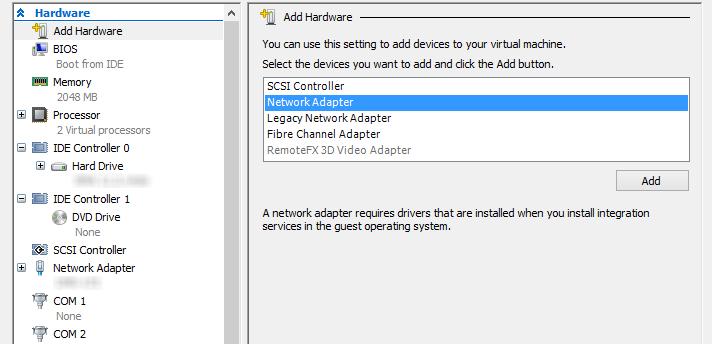 12 Click Add Hardware and select Network Adapter to create a second network adapter.