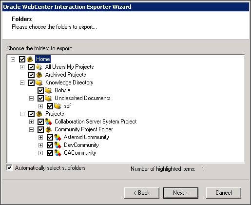 Navigate the Oracle WCI folders and select the folders to export.
