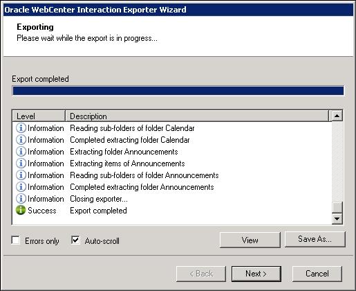 Figure 2-8: Exporter Progress Screen You can save the export report by clicking Save as after export is complete. You can display only export errors by checking Errors only.