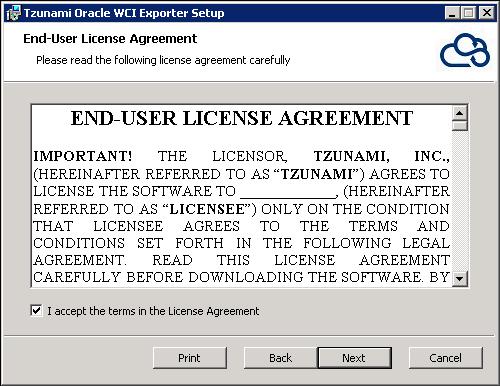 The Tzunami Oracle WCI Exporter Setup Wizard will launch. To advance through the install wizard, click Next on the bottom of the window.