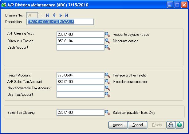 12 Accounts Payable Cash Basis Division Maintenance The Accounts Payable account in the Division Maintenance screen has been changed to "A/P Clearing Acct", if the company