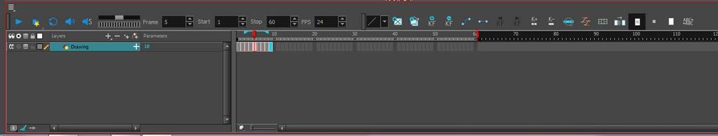 Time Line: Over View Play Back Tool Bar Onion Skin Brackets Shows Drawings Before/After End of Scene Click and Drag Red Bracket to Extend or Reduce Frames Ignore (For Now) Layers