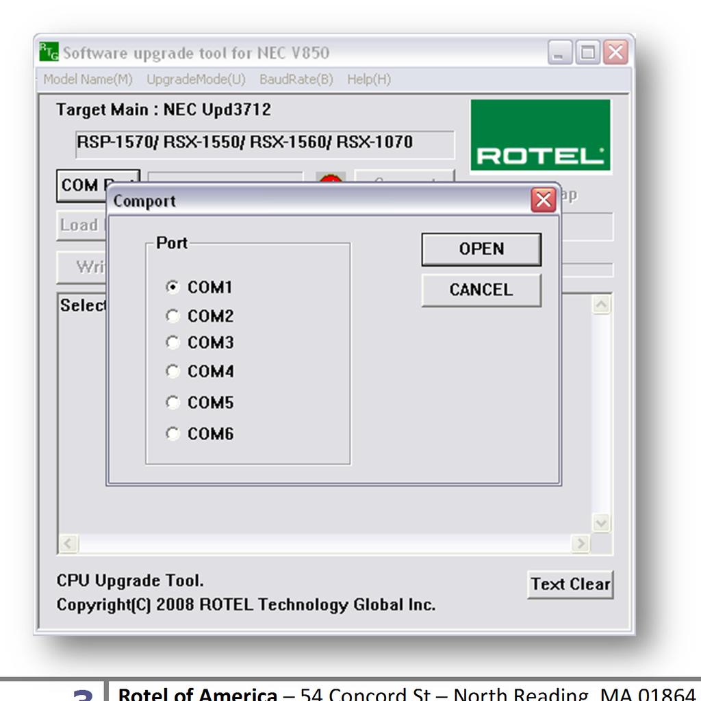 7. Click on COM Port, and select the appropriate COM port for the PC s serial connection.