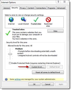 1. Click Custom level on the Security tab after you add Relativity as a Trusted Site. 2. Scroll down to the option called Access data sources across domain on the Trusted Sites Zone window. 3.