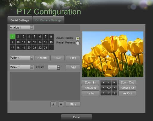 To test and verify PTZ settings: 1. Enter the PTZ Configuration menu, shown in Figure 41 by going to Main Menu > System Configuration > PTZ Configuration. 2. Select the On Camera Settings tab.