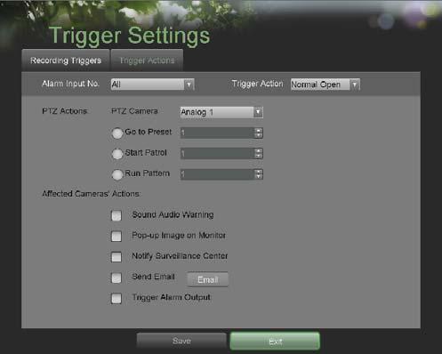 Figure 46. Trigger Actions Sub-Menu. 3. Select the alarm input to configure in the Alarm Input No. drop down menu on the upper left of the menu.