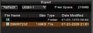 To export a log file, connect a USB device to the DVR, select the log file to export and click the Export