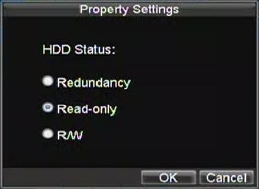 Figure 9. HDD Property Settings Menu 5. Set HDD to Read-Only. 6. Click the OK button. The HDD is now read-only. Note: When a HDD is set to read-only, no more recordings can be written to the disk.
