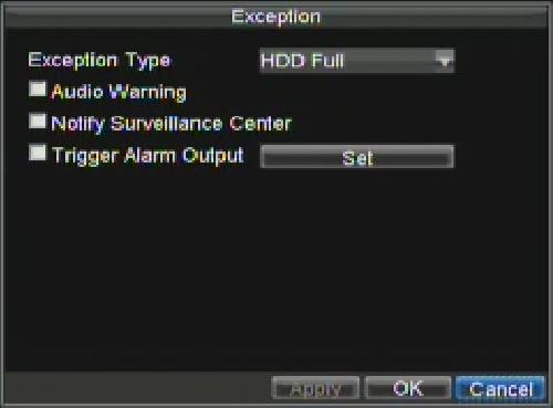 Video Exception: Instable video signal detected. Mismatched Output Standard Mismatch: I/O video standards do not match. To set exceptions: 1. Enter the Exception menu by clicking Menu > Exception. 2.