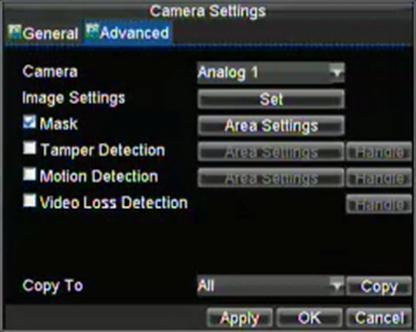 Figure 2. Advanced Camera Settings Menu 4. Check the Mask checkbox to enable feature. 5. Click the Area Settings button to enter Area Settings menu. 6. Setup mask area, as shown in Figure 3.