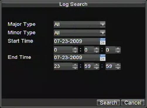 Figure 15. Log Search Menu 2. Set search parameters. 3. Click the Search button to begin search.