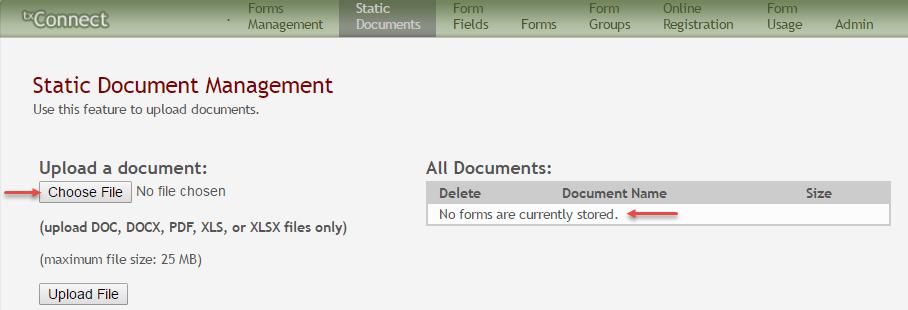Upload Static Forms The Static Document Management page allows you to maintain a pool of read-only forms that parents can view and print as needed.