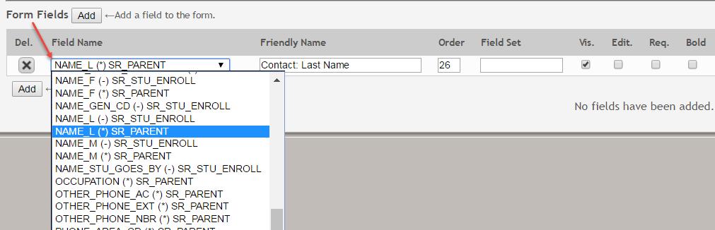 The drop down lists all possible columns, including the column name, sequence number (if applicable), and table name.