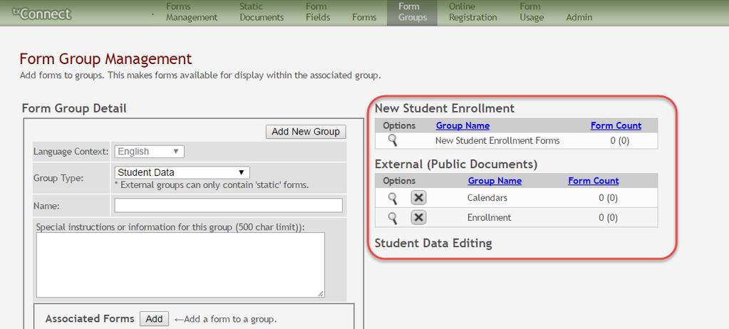 Create Groups and Add Forms to Groups The Form Group Management page allows you to create and edit form group headings so you can group related forms. Some groups are included automatically.