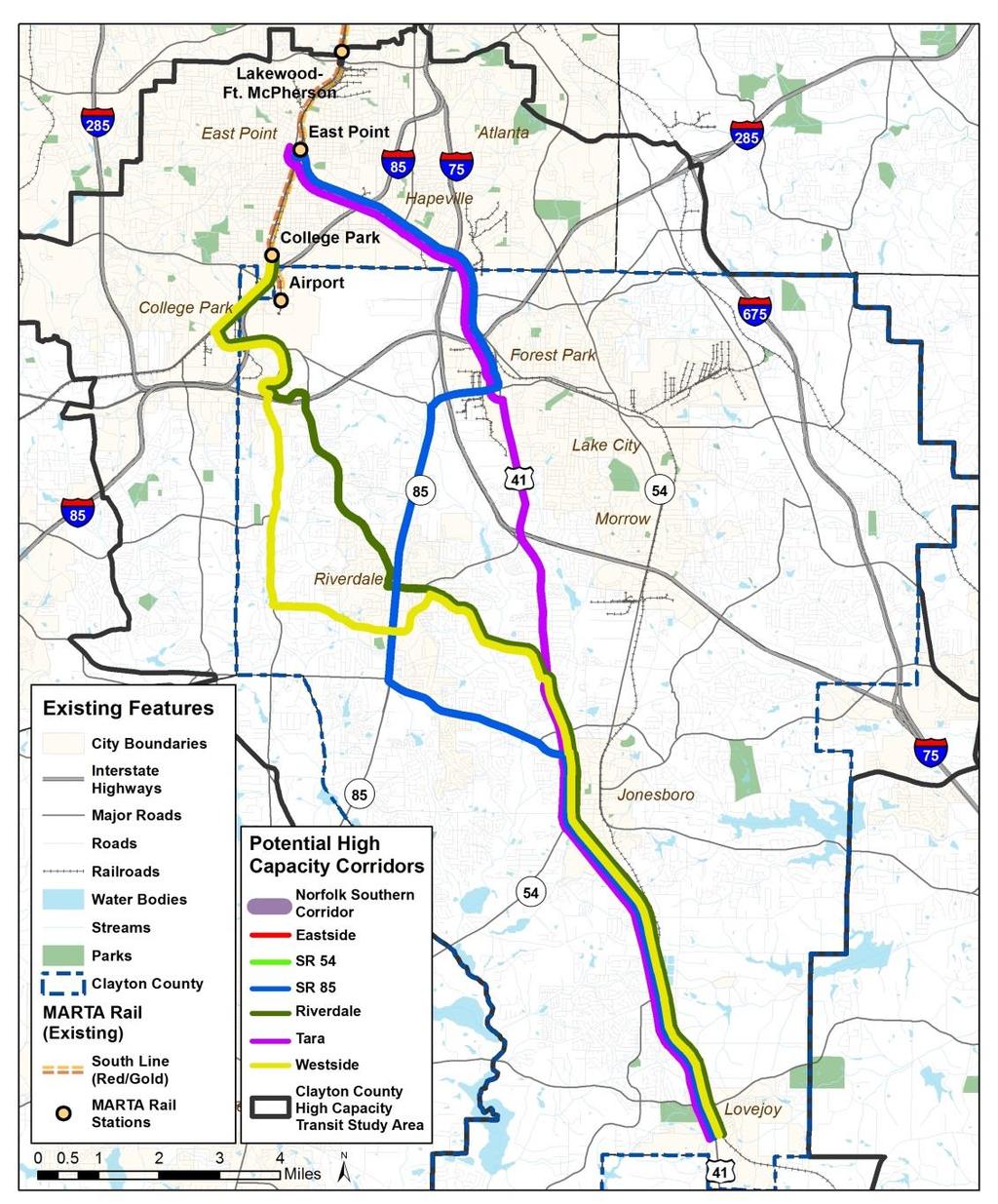 CLAYTON COUNTY TRANSIT CORRIDORS High capacity transit corridors identified in previous planning efforts Enhanced transit connectivity from MARTA Rail to Clayton County Determine