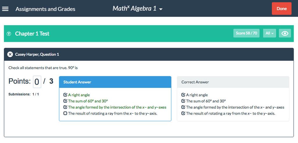 The Grade Change page shows a list of all problems in an assignment accompanied by a comparison of the student s submitted answer with the correct answer.