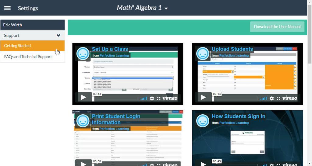 Support The Support module allows you to access additional information for help using Math X. To access this module, click on the Navigation Menu, then select SUPPORT from the dropdown menu.