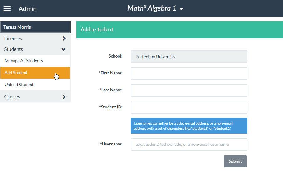Title the class by typing in the Class Name field. 3. From the License dropdown, select the desired Math X Student License product. 4. Enter a unique ID in the Class ID field. 5.