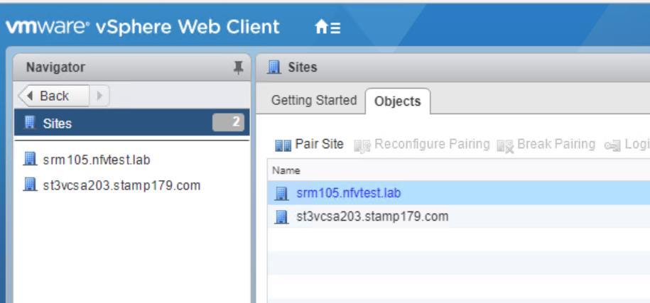 Once the site pairing is completed, both the SRM sites display under site recovery plug-in within the VMware vsphere Web Client.