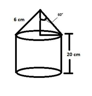 A) 3 cm B) 9 cm C) 18 cm D) 15 cm sin 60 = P/H=r/6= 3/2 => r=3 3 cm In the cone; 6 2 = h 2 + r 2 h=3 cm Volume of Gunpowder= Volume of Cone+ Volume of Cylinder=1/3 πr 2 h + πr 2 h = πr 2 (1/3 h+h)