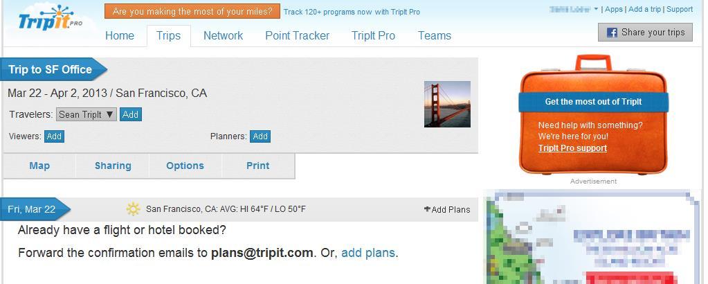 To view trip details, click the name of the desired trip. The trip information appears. To add a plan: 1) Click Add Plans.