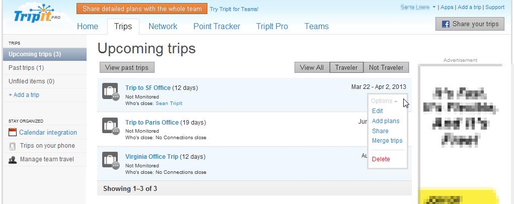 Edit a Trip, Share a Trip, Merge Trips Using the Options menu on the Trips tab, you can edit, share, or merge trips. To edit a trip: 1) Update the trip name, dates, and destination.